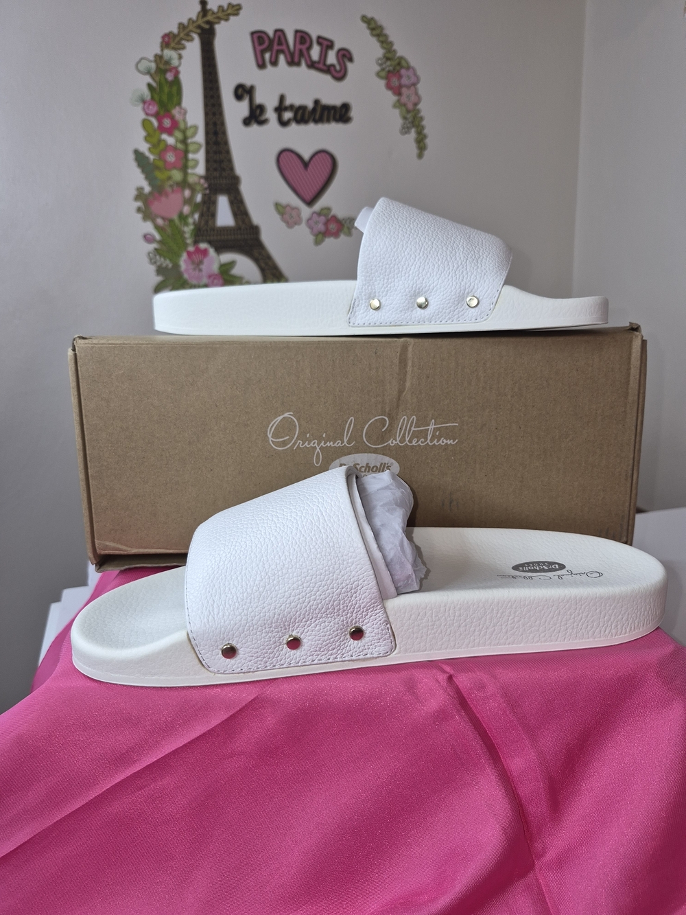 Dr. Scholl's White Slide Sandals with Gold Stud Accents